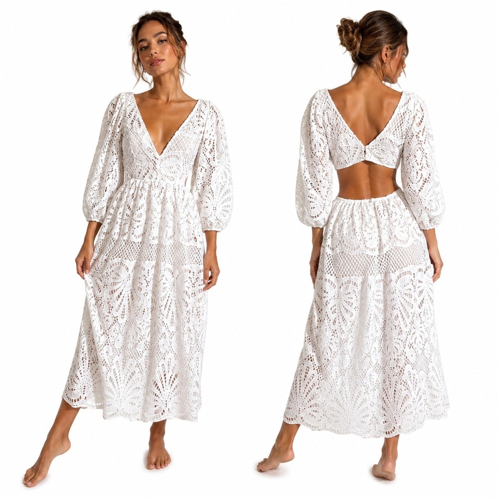 Showpo Anieshaya Dress 6 White Lace Eyelet Puff Sleeve Cutout Back Midi Boho NEW